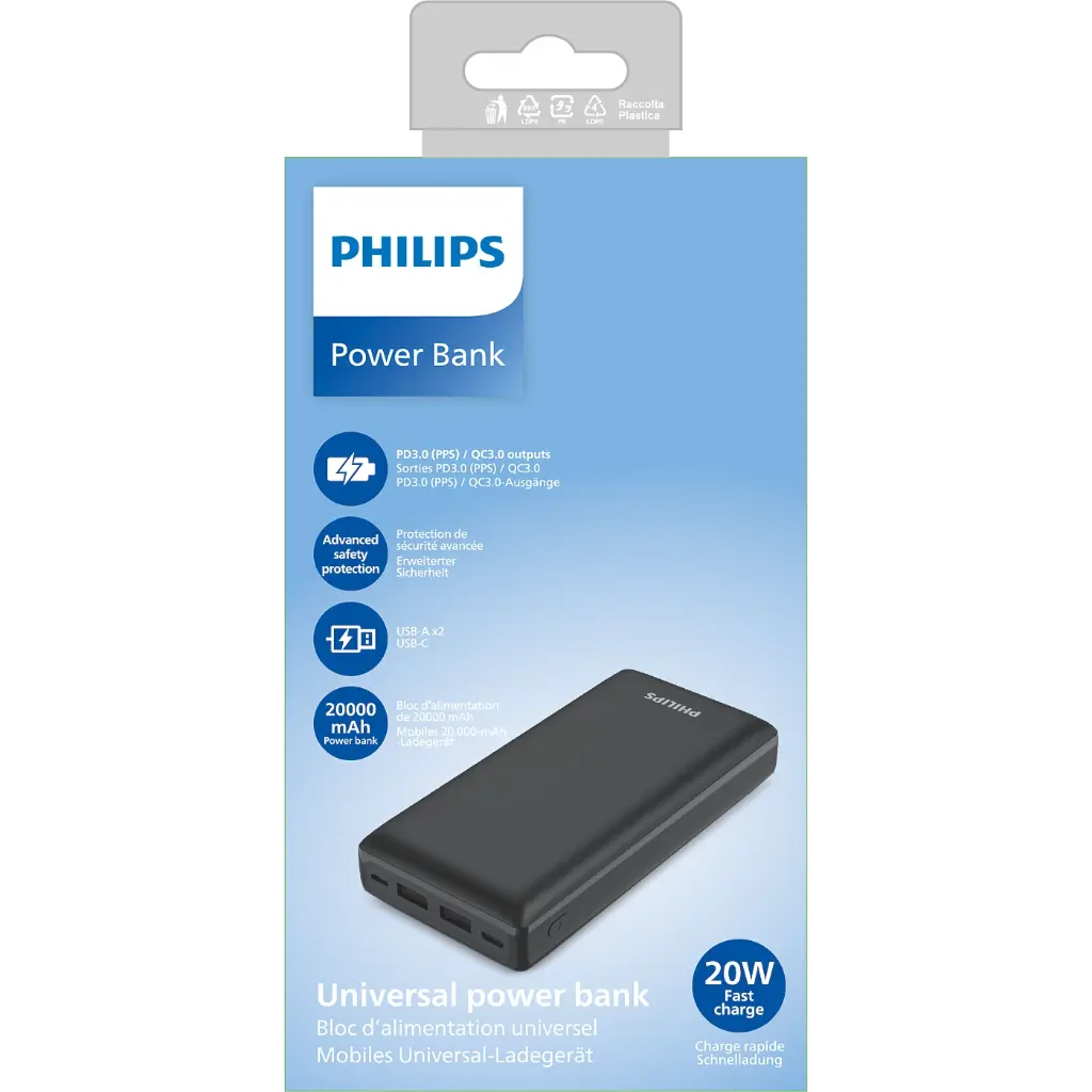 Philips Power Bank 20,000mAh with USB A and USB C - DLP7721C/10