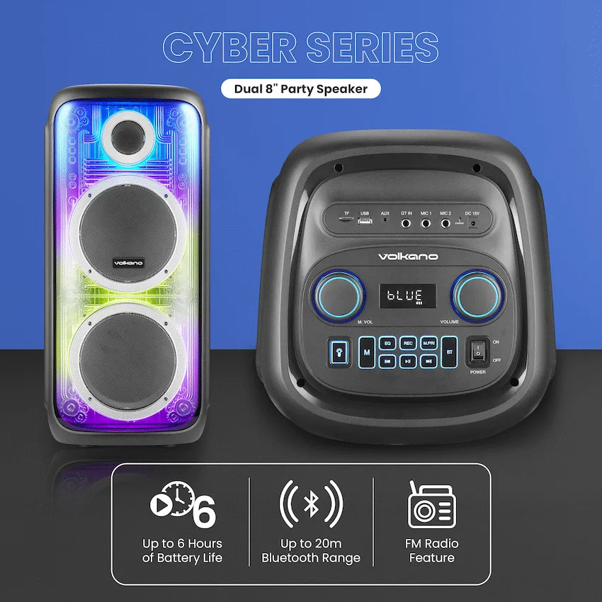 [3G-Volkano Cyber Series Dual 8″] Volkano Cyber Series Dual 8″ Party Speaker Model: VK-3903-D8-BK