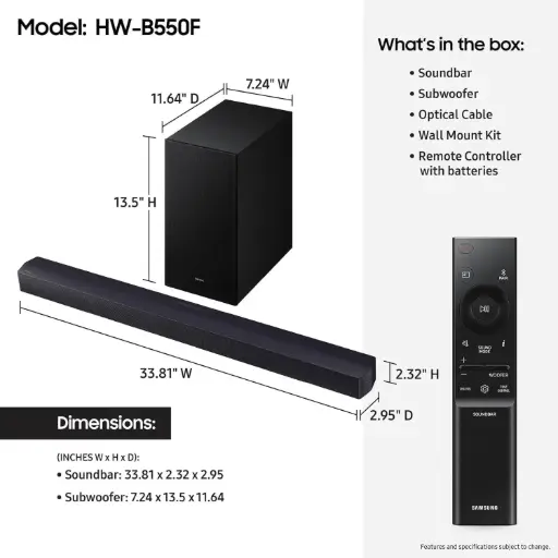 [3G-Samsung B-Series Soundbar HW-B550F 2.1 ch] Samsung B-Series Soundbar HW-B550F 2.1 ch DTS Virtual:X Soundbar with Subwoofer (MX-ST40F/XA)